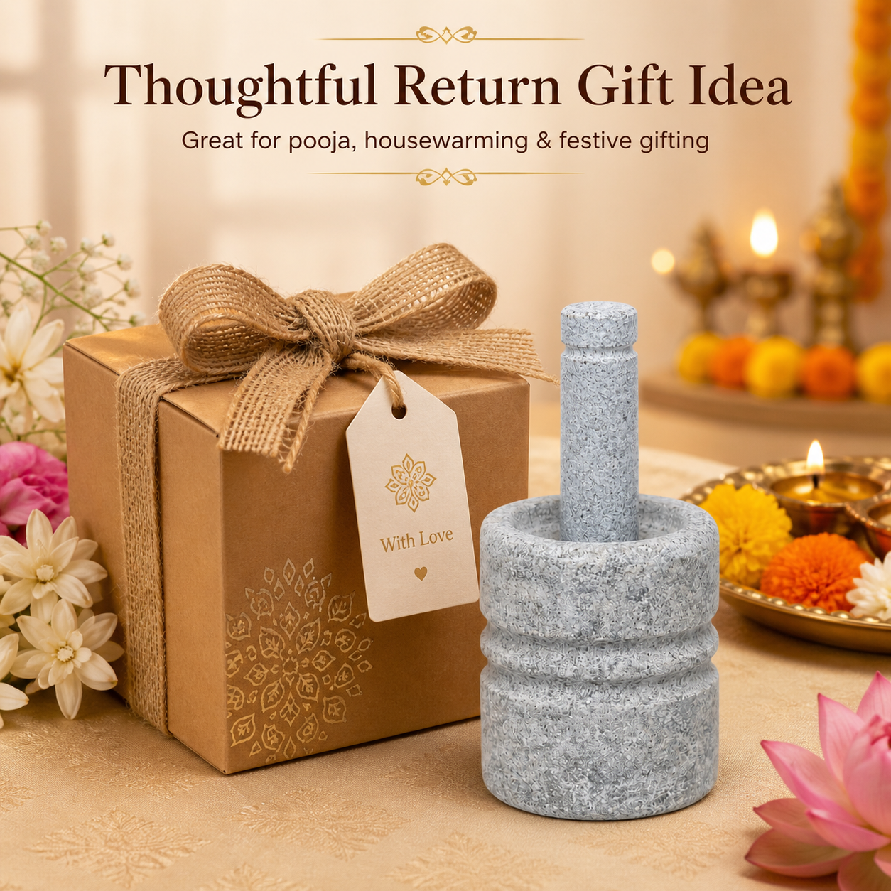 Anketras Miniature Stone Mortar and Pestle Tall (Okhli) – Handcrafted Natural Granite Decorative Toy & Pooja Accessory – Perfect for Pretend Play, Rituals, and Miniature Displays